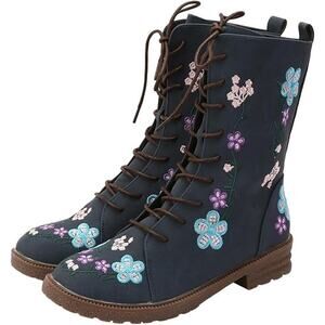 Fashion Combat Boots Floral Embroidered Faux Suede Lace Up Blue Navy Size 8US